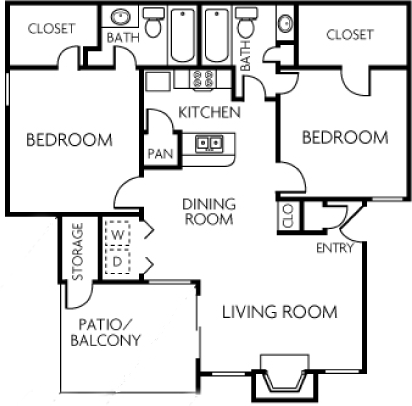 Two bedroom 2 bathroom floorplan at Trinity Apartments, Irving, 75061